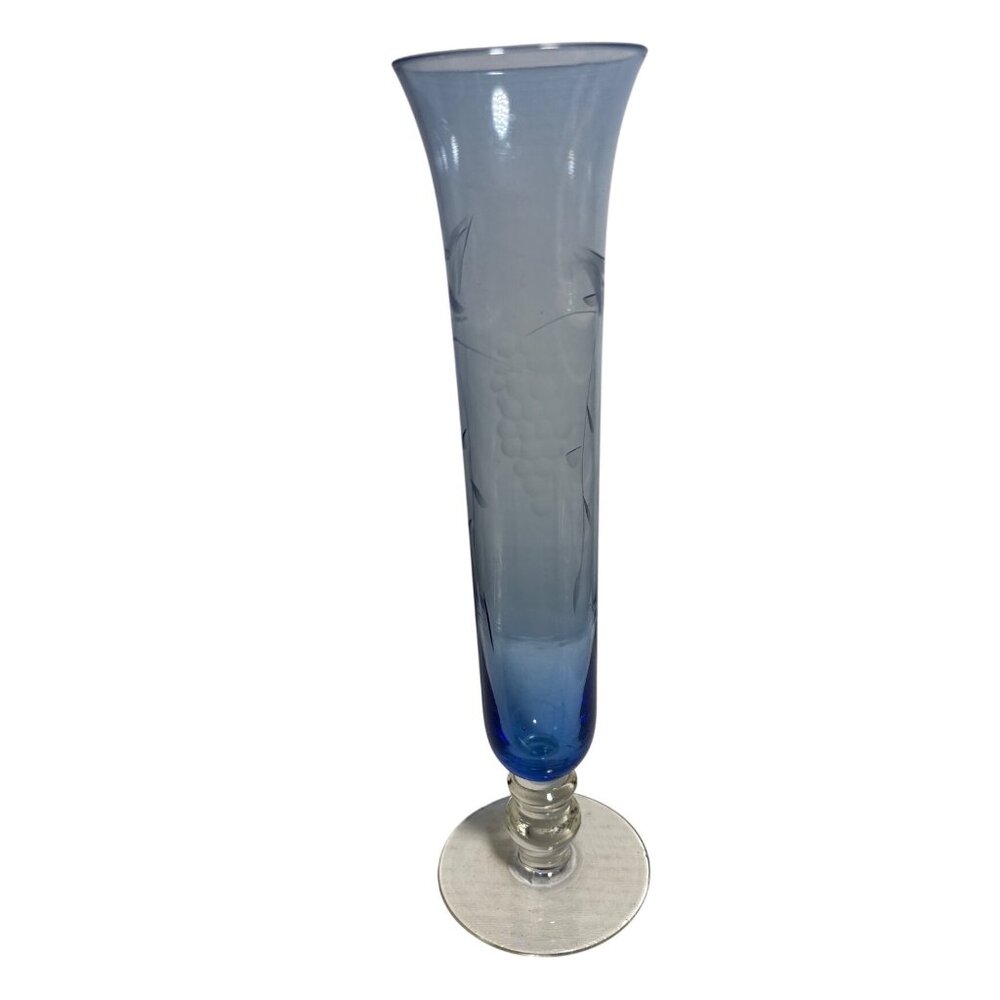 Blue Glass Vase Parma by AAI Etched Grapes Leaves Clear Pedestal Trumpet 8.25"